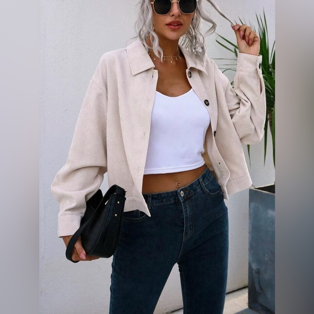 Drop Shoulder Corduroy Jacket Beige Size XS - Picture 5 of 13